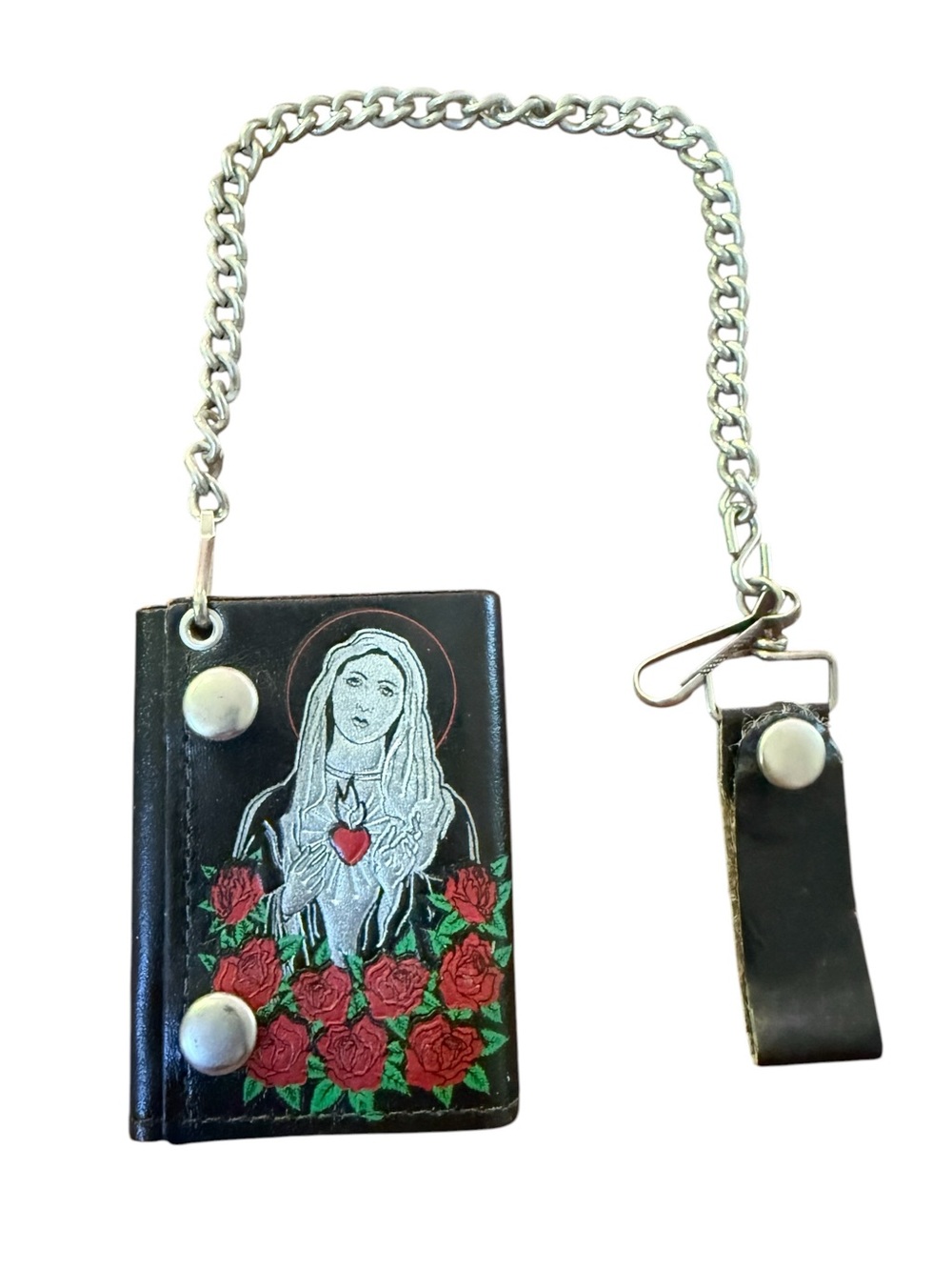 Vintage Black Leather Chain Wallet Virgin Mary Guadalupe Sacred Heart Rose USA